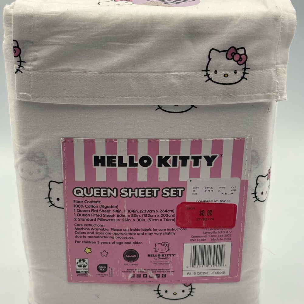 Hello Kitty White Queen Sheet Set Pink Bows 100% Cotton 4pc NWT Sanrio - Picture 3 of 5